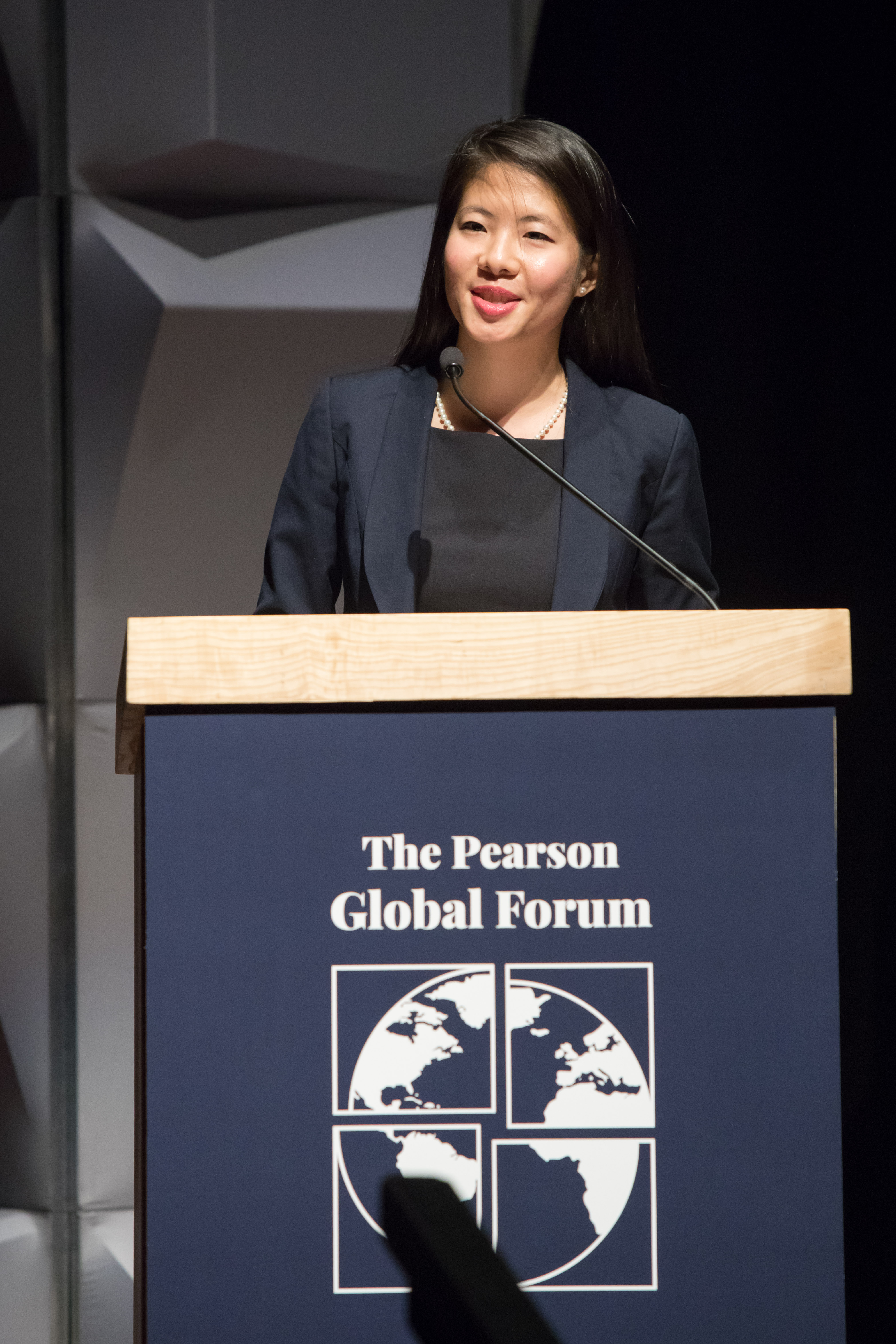Pearson Fellow Elaine Li (MPP '19) speaks at the inaugural Pearson Global Forum in October 2018.